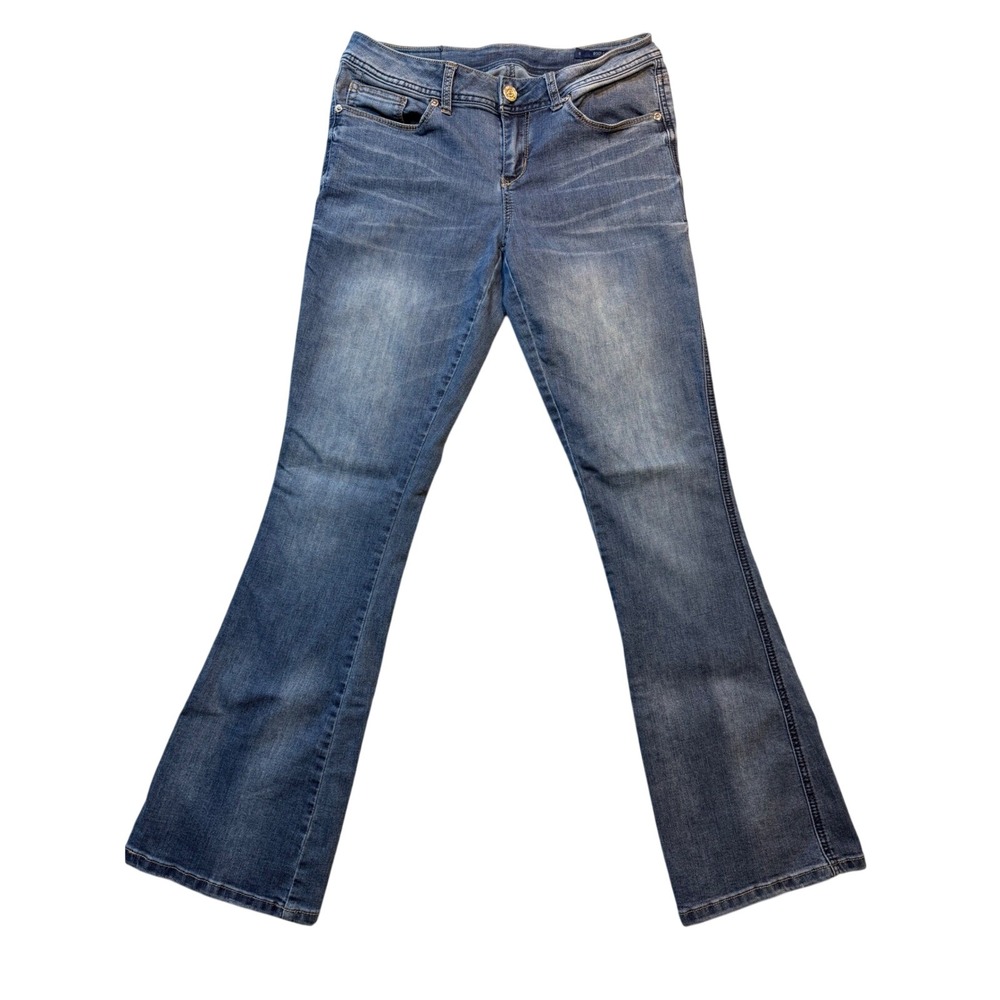 Retro Low rise Bootcut Jeans Medium Wash Embellished Flap Pocket Blue Size 8 y2k